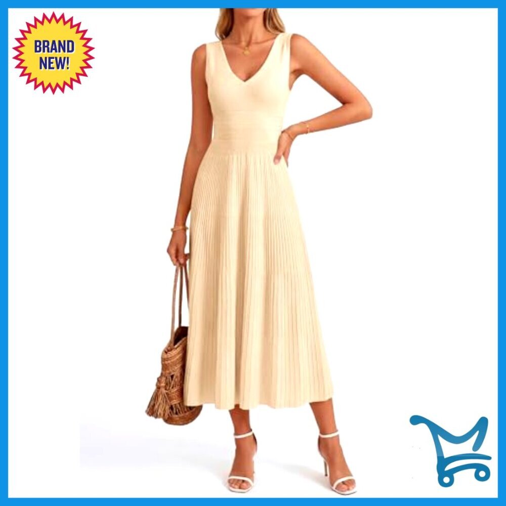 Sleeveless V-Neck Midi Dress, A-Line Knit, Cocktail Wedding Guest - Picture 2 of 7